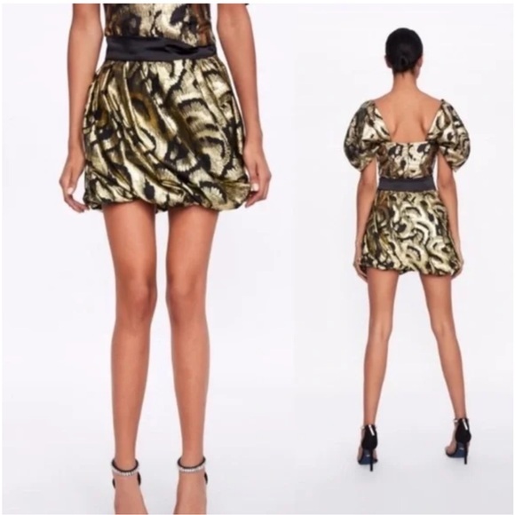 Zara Gold Balloon Puff Bubble Metallic Black Shiny Printed Mini Skirt Size M - Picture 2 of 13